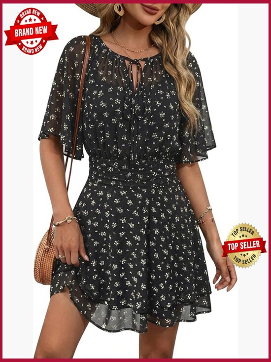 Dresses & Skirts - Chiffon Floral Mini Dress V-Neck Ruffle Bell Sleeve Beach Sundress
